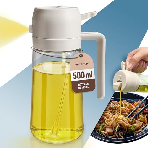 PORTENTUM Pulverizador aceite spray 2 en 1 aceitera spray pulverizador, Botella de vidrio de 500 ml / 17 oz para Freidora de Aire, Barbacoa (Blanco)