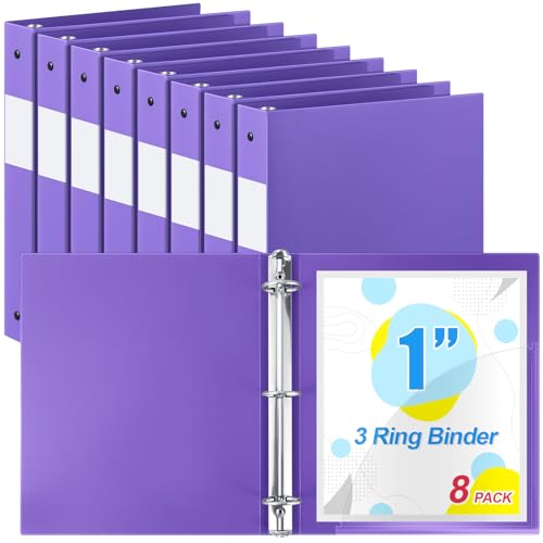 Image of Skyygemm 8 Pack 1 Inch 3 Ring Plastic Binders, Flexible PP Binders for Classroom & School Supplies, Letter Size 8.5 x 11, Holds 240 Sheets with Interior Pocket (Purple)