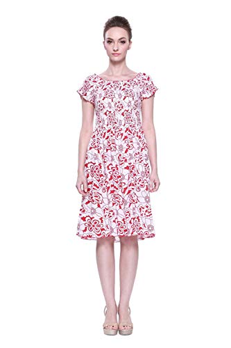 Women's Hawaiian Elastic Top Short Sleeve Dress In White With Red Floral #TOP2