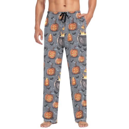 Men's Halloween Pumpkins Pajama Pants with Pockets - Straight Fit Cotton Sleep Bottoms for Lounge & Nightwear#361
