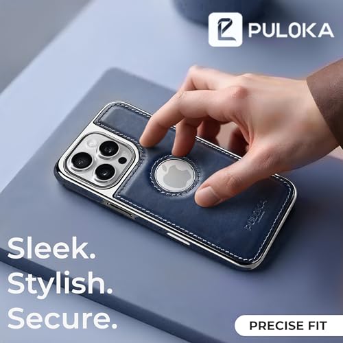 Image of PULOKA Chrome Leather Back Case - Compatible with iPhone 16 Pro- Luxury Bumper Case - Flexible Vegan Leather - Electroplated Sides & Logocut - Full Camera Protetection & Raised Edges - Blue