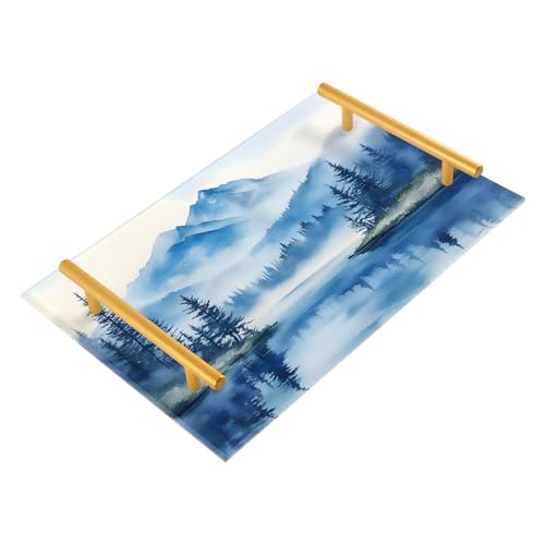BOESI Watercolor Mountain Landscape Tray, Tray with Handles, Countertop Organizer, Decorative