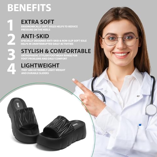 Image of DOCTOR HEALTH SUPER SOFT Women Puffy Strap Platform Slides | Soft Cushioned Fashion Slippers | Lightweight Anti-Slip Casual Slip-On Sandals for Indoor Outdoor Everyday Wear