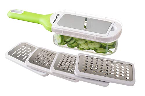 KUKPO Grater and Slicer: Food Shredder Set With Container - 5 Interchangeable Blades – Ideal For Cheese - Vegetables - Fruit - Chocolate, Easy To Use With Rubber Nonslip Bottom And Handle