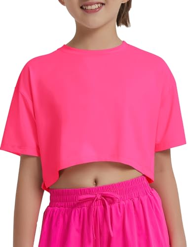 Image of EXARUS Girls Athletic Shirts Quick Dry Workout Split Back Crop Tops 6-14Y | Tween Athletic Sports Soccer Activewear Gym Running Dri Fit Teen Tennis Performance Hiking Short Sleeve Tees Kids 6-14Y