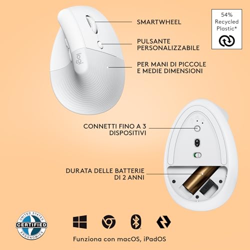 Lift Mouse Ergonomico Verticale, Senza Fili, Ricevitore Bluetooth o Logi Bolt USB, Clic Silenziosi, 4 Tasti, Compatibile con Windows / macOS / iPadOS, Laptop, PC - Bianco - Mouse gaming - Immagine 6