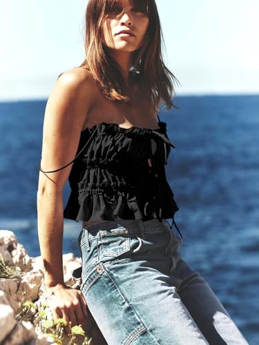 Image of Tankaneo Womens Summer Tie Front Crop Tops Cute Ruffle Ruched Spaghetti Strap Tank Tops Y2K Going Out Shirts