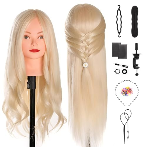 TwoWin Friseurkopf mit Haaren, 20 Zoll (51 cm) 80% Echthaar Mannequin Kopf, Trainingskopf für Styling & Friseurpraxis mit DIY Haare Frisuren Set (Beige)