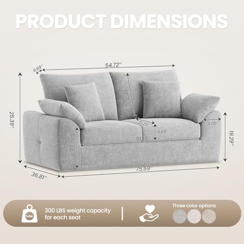 Image of 75.6 inch Modern Loveseat Sofa for Living Room, Cloud Boneless Couches with 4 Pillows, Mid Century Loveseat couches for Small Place, No Assembly Required, Light Grey