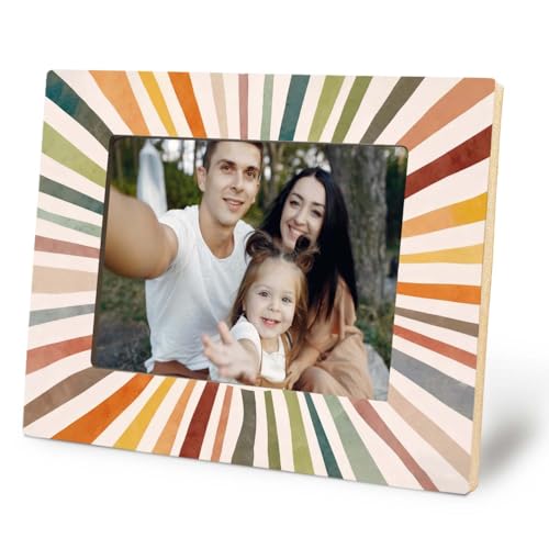 Likjad Boho Smiling Sun 5x7 Picture Photo Frame Boho Home Room Decor Abstract Retro Sunshine Wood Picture Frame for Home Bedroom Desk Tabletop Wall Display Decoration
