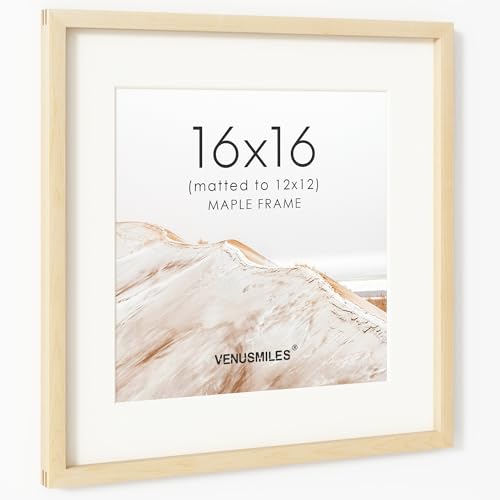 Image of 16x16 Picture Frame, USA-Sourced Natural Maple Wood Photo Collage Frame with HD Tempered Glass, Modern Simple 16 x 16 Wooden Frame Matted to 12x12, Gallery Wall Frames for Art