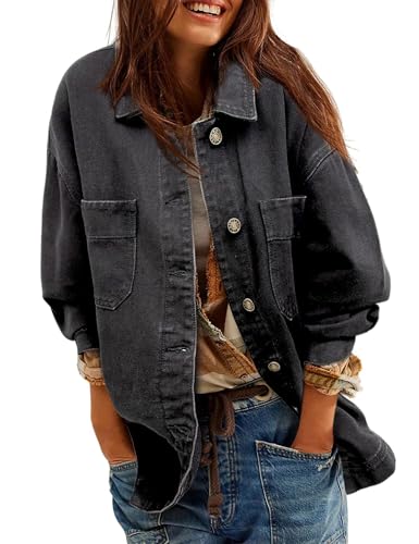 Womens Oversized Button Down Denim Jacket Long Sleeve Boyfriend Jean Shacket Jacket Coat with Pockets