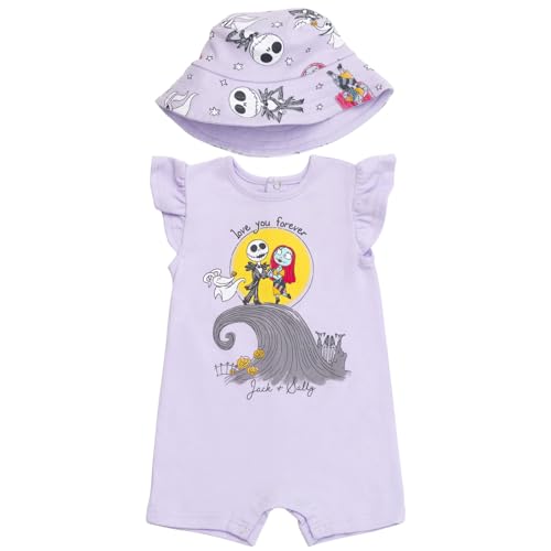 Image of Disney Minnie Mouse Winnie the Pooh Nightmare Before Christmas Baby Girls Snap Romper and Bucket Sun Hat Newborn to Infant