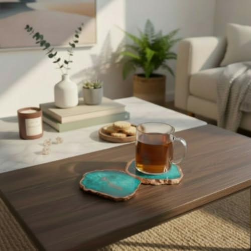 Image of Natural Agate Stone Tea Coasters Set | Premium Stone Coasters for Tea, Coffee & Glass | Heat Resistant Coasters for Dining Table, Office Desk & Home Decor | Pack of 2 | Color -Turquoise