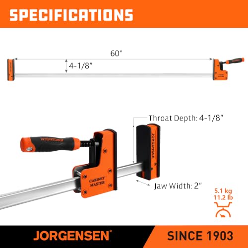 Image of JORGENSEN 60-Inch Parallel Bar Clamps, 2-Pack Cabinet Master Bar Clamps | Heavy-Duty Clamps for Woodworking Glue-Up, 2200 lbs Force, Quick Release, Spreader Function