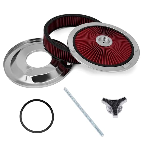 GDUKOP 14x3 High Flow Round Air Cleaner Filter Assembly Kit Compatible with GMC Chevy Ford Chrysler Dodge V8 for Carburetor 5-1/8 Carb Neck Flow-Thru Lid Washable and Reusable Red Chrome