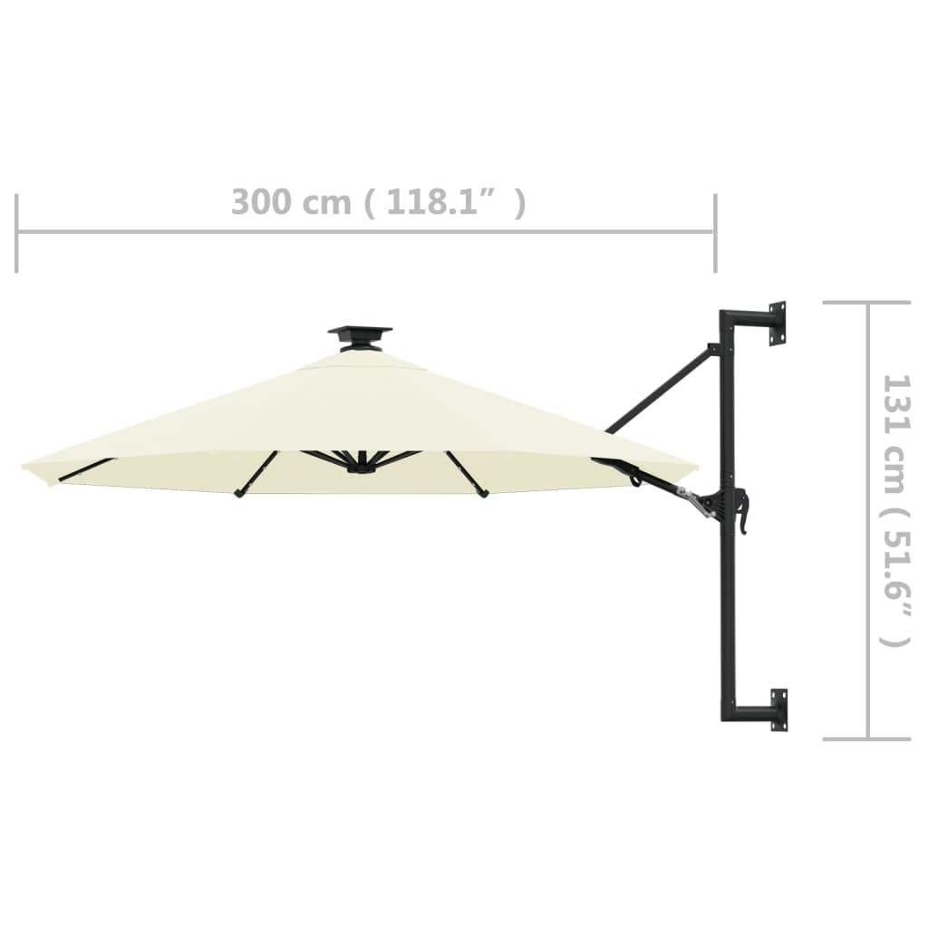Ombrellone da parete con 28 luci a LED, 300 cm, colore bianco sabbia, meccanismo a manovella e funzione di inclinazione per balcone e terrazza, protezione UV in poliestere