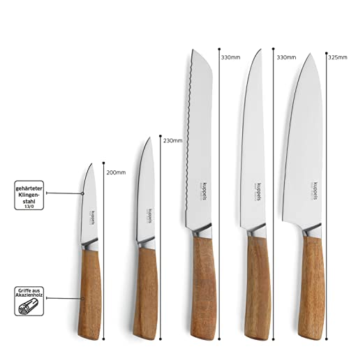 Foto von Kuppels Wood Messerblock mit Messer Set 5-teilig | Spickmesser, Allzweckmesser, Fleischmesser, Kochmesser, Brotmesser | Klingenstahl 3Cr13 | Akazienholz Block und Messergriffe