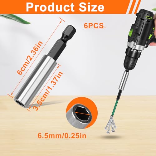 6 Stück Bithalter Magnetisch, 60mm Bit Halterung Magnetisch Stark Bitverlängerungen, Edelstahl Schnellwechsel Magnetischer Bithalter 1/4 Sechskantschaft Verlängerung für Trockenbau Bits Akkuschrauber