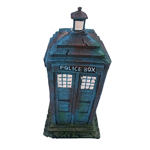 Old Style 1960's Police Box Aquarium Ornament Decor, Fish Safe Polyresin, 7 Inches Tall | Aquarium Fish Tank Tardis Fish Hideout House Resin Ornament, Blue Decoration