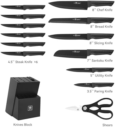 Knife Set, 15 Pcs Black Knife Sets for Kitchen with Block Self Sharpening, Dishwasher Safe, 6 Steak Knives, Anti-Slip Handle