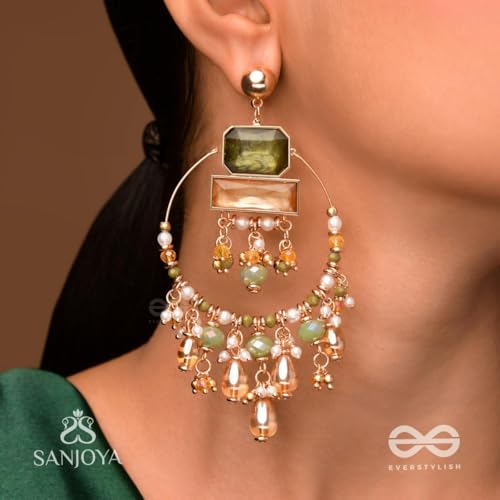 Image of SANJOYA by EVERSTYLISH Embroidered Earrings for Women | Hoop Earrings with Stones, Beads, Pearls & Glass Drops | Lightweight Ethnic & Festive Jewelry for Weddings & Parties