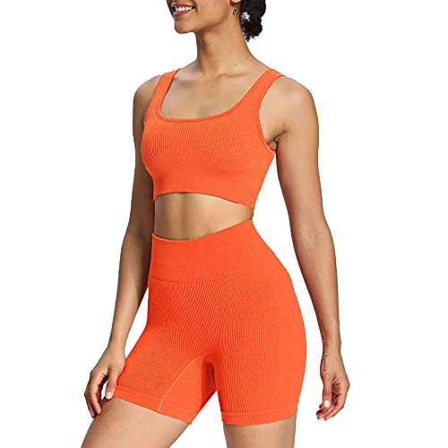 Aoxjox 2 Piece Outfits for Women Ribbed Crop Tank High Waist Seamless Shorts Workout Sets (Orange, Medium)