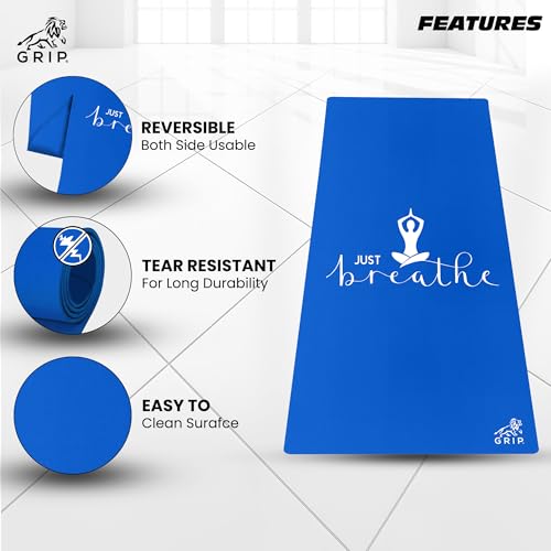 Image of GRIP Yoga Mat | 36 x 75 Inches | 12mm Thick | Just Breathe Design | Anti-Slip | Home & Gym | Men & Women | Blue Color