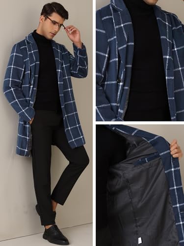 Image of Lars Amadeus Navy Blue Plaid Coat for Men's Color Block Single Breasted Winter Checked Overcoat Medium