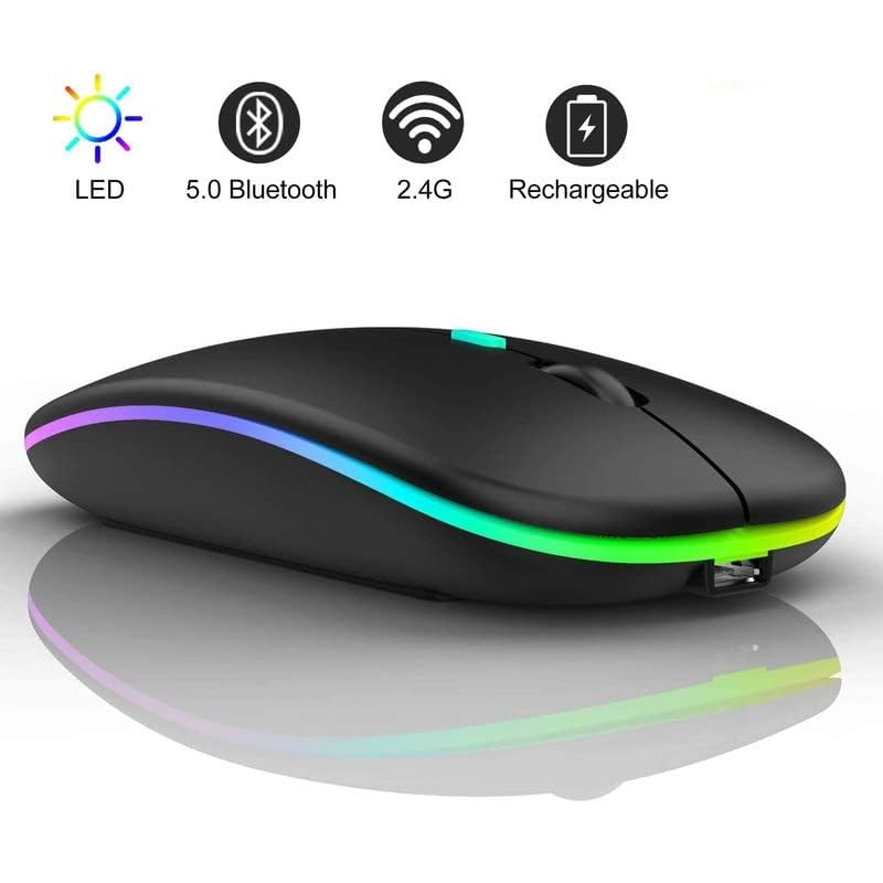Image of Slim Wireless Mouse with Rechargeable Battery | Dual Mode BT + 2.4GHz Mouse | Silent Click | 800 /1200 /1600 DPI Adjustable | Multicolor LED | Lightweight Ergonomic Mouse for Laptop & PC (Black)