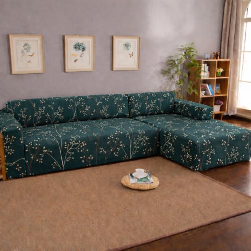 Image of Gifts Island Premium 160GSM Super Soft Green Stem Stretchable Sofa Cover L Shape 6 Seater Fully Covered | Suitable for Both Left and Right Side Chaise Sofa (Green Stem, 3+3 Seater)