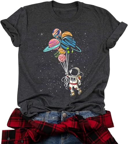 Space Shirts for Women NASA Shirt Moon Graphic Tees Astronaut Print T Shirt Space Fan Gift Shirt Short Sleeve Tee Tops (Small DarkGrey1)