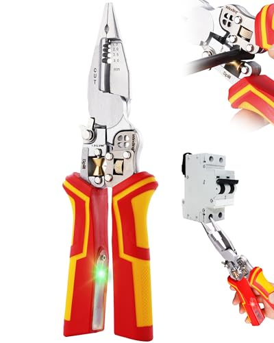 Faitio upgraded 8 in 1 Wire Strippers with Voltage Tester, Wire Stripping Tool, Cable Cutters with Plier, Crimper, Splitting, Wire Stripper Tool for 10-18 AWG for Electrician Work Red