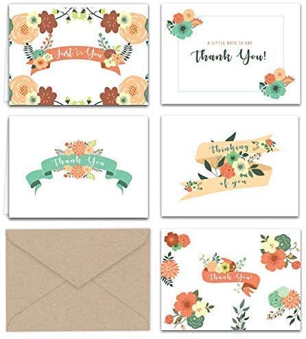 Paper Frenzy Vintage Floral Banners Thank You and Greeting Notes with Envelopes - 25 pack