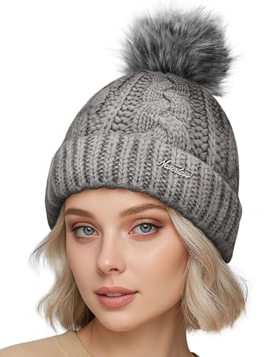 Neverless® Damen Wintermütze mit Fleece Gefüttert Warm & Winddicht Strickmütze Bommelmütze Model 1980 Hellgrau Unisize