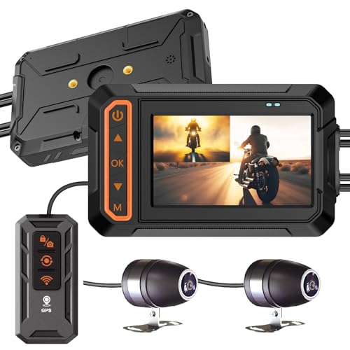 ZOMFOM Motorcycle Dash Cam, 3'' LCD Waterproof Motorcycle Front and Rear 1080P Camera Wide Angle 155° with Wi-Fi, GPS, Wired Control, G-Sensor, Max up to 256GB