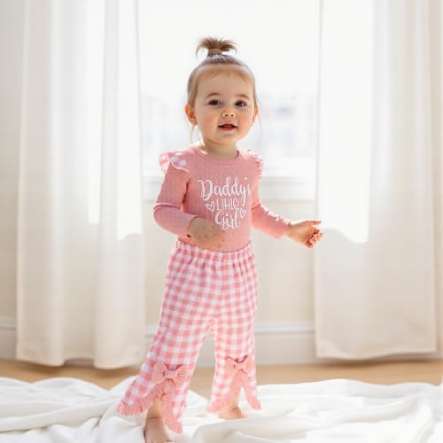 Newborn Baby Girls Outfits Daddy's Little Girl Romper Jumpsuit Bodysuit Plaid Flare Pants Set Fall Winter Clothes3