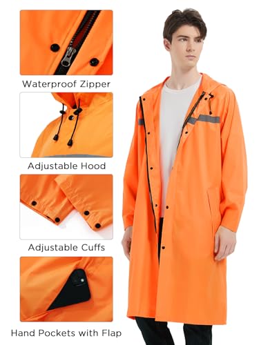 Image of Mens Long Safety Rain Coats with Air Vents Reflective Stripes Waterproof Packable Rain Jacket with Hood Lightweight