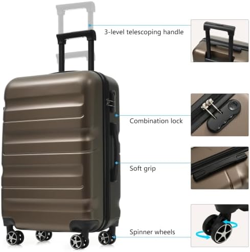 3-Piece Hard Shell ABS Lightweight Luggage Set with Dual Spinner Wheels, Green, 20/24/28 Inch Suitcases for Travel (1pcs-28in, Coffee brown)