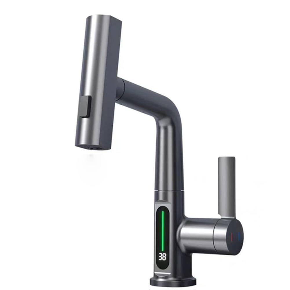 Littimoon Waterfall Basin Faucet Pull-Out Kitchen & Bathroom Faucet Rainfall Temperature Digital Display No Battery
