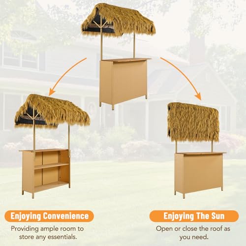 Outdoor Bar Set with PE Canopy, Patio Furniture with Acacia Wood Top Table and 2 High Stools, Adjustable Feet, Weatherproof Rattan Wicker, Beach-Inspired Design for Garden, Backyard, Poolside