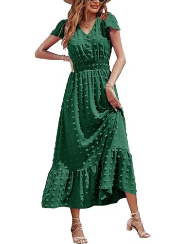 Image of CzzzyL Women Nursing Boho Maxi Dresses Cap Short Sleeve V Neck Swiss Dot High Waisted A-Line Ruffle Tiered with Pockets