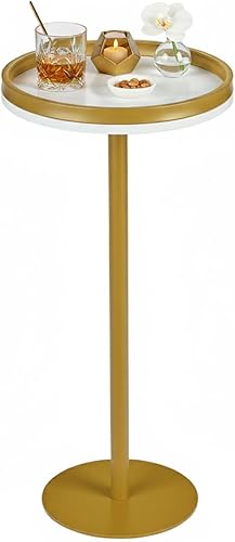 Mesa Martini, pequeña mesa redonda para bebidas con base pesada, moderna mesa auxiliar de pedestal blanco y dorado con borde superior de bandeja