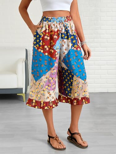 Image of Womens Wide Leg Palazzo Capri Pants Fun Vintage Print Flowy Cropped Capris