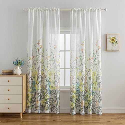 Image of SUOUO Gray Yellow Wildflower Floral Semi Sheer Curtains 96 inches 2 Panels | Linen Textured,Light Filtering,Farmhouse Cottage Decor,Rod Pocket,Window Drapes for Living Room Bedroom Dining Room