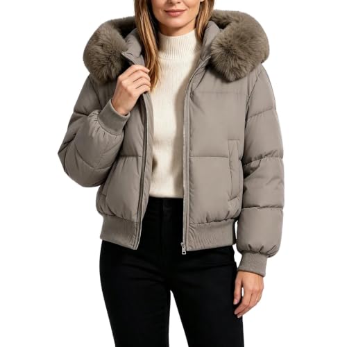 Cropped Puffer Jackets for Women Winter Warm Down Coats with Faux Fur Hood - image 4