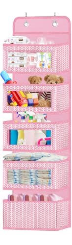 Image of VERONLY Over The Door Hanging Organizer with 5 Large Pockets - Wall Mount Pantry Storage with 2 Big Metal Hooks for Baby Girl’s Diapers Closet, Bathroom, Nursery, Bedroom, Dorm, Baby, Kids Toys (Pink)