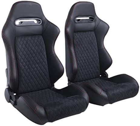 Racing Seats for Cars, 1 Pair Universal PVC Leather Racing Bucket Seats with Dual Lock Sliders for Front-Back Adjustment (Black with Red Stitching)