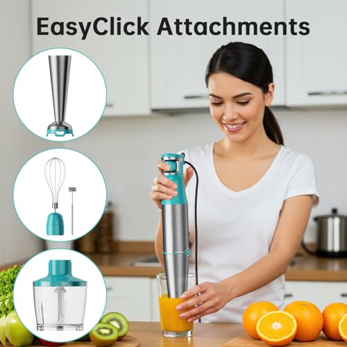 Image of Turelar Immersion Blender Handheld Corded Hand Blenders Set 1100W, Trigger Variable Speed 5 in 1 Stick Emulsifier with Chopper, Whisk and Frother for Soup, Baby Food and Smoothies, Cyan Blue