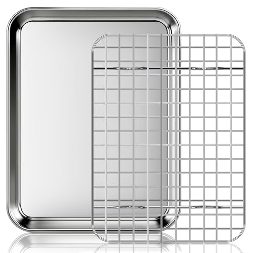 Fire More Teglia da Forno con Griglia di Raffreddamento Rimovibile in Acciaio Inox, Set da 1 Pezzo (1 teglia + 1 griglia), 26,5x20,5x2,5cm, Lucida e Antiruggine, Lavabile in Lavastoviglie